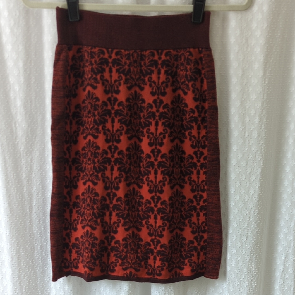 Anthropologie Moth Jaquard pencil Sweater Skirt, Orange/Red, XS